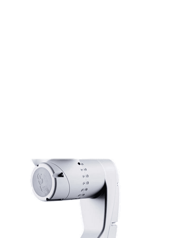 A white robotic arm reaching forward with an open gripper.